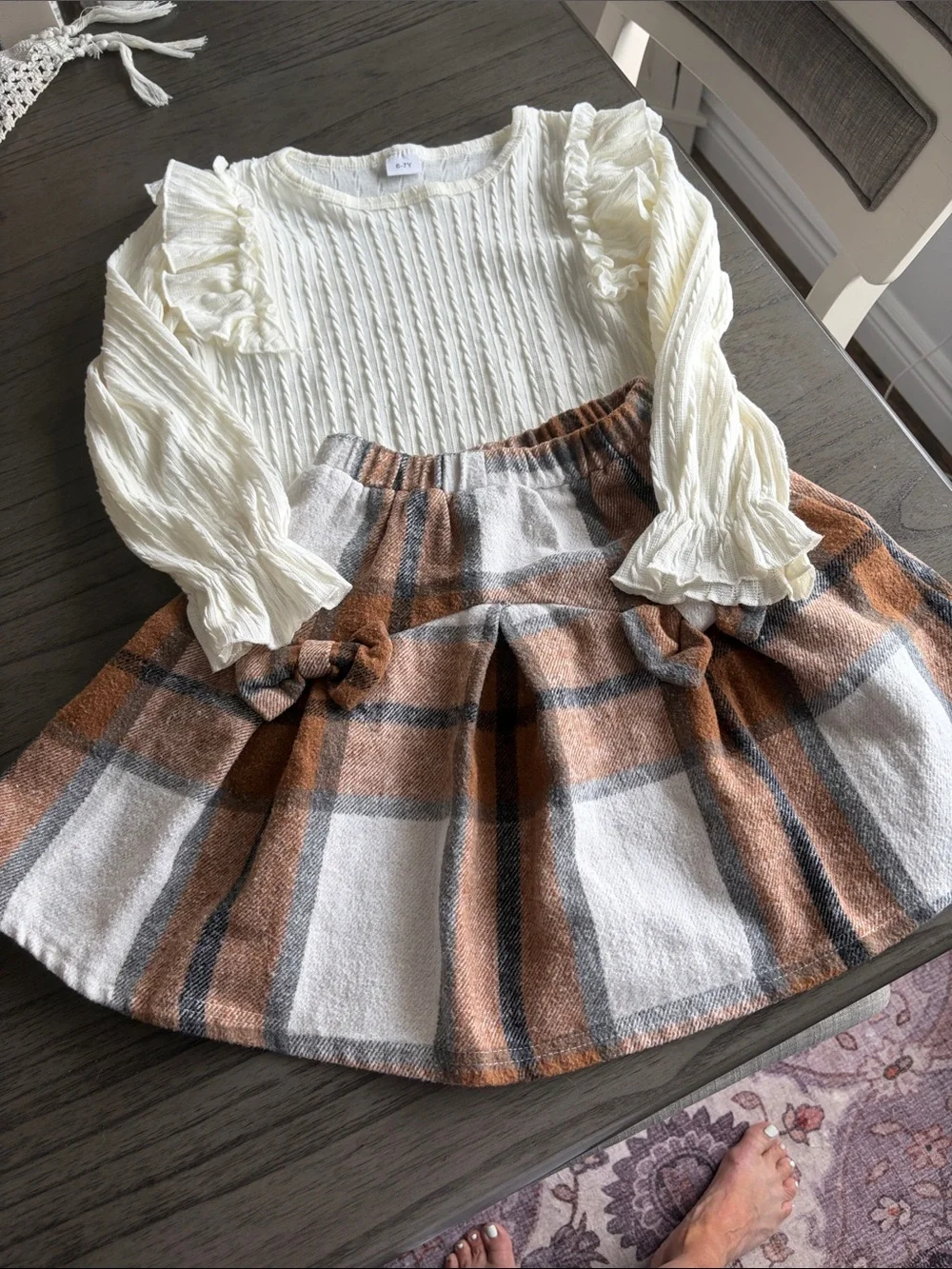Girls Cream Knit Top and Brown Plaid Skirt Set -
